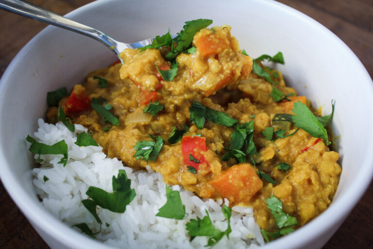 Simple, Oil free Red Lentil Dhal with Vegetables